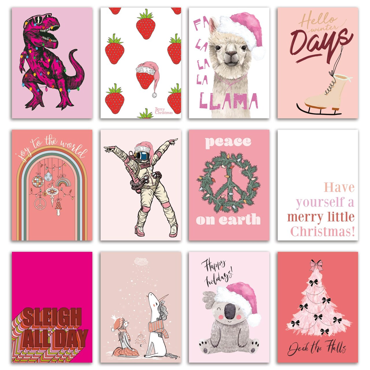 Pink Christmas Cards - 24-Pack Kid-Friendly Holiday Greeting Cards with 12 Playful and Whimsical Designs, Perfect for Spreading Merry Christmas & Happy Holiday Wishes, Blank Inside for Personalized Messages - Fun and Cheerful Festive Stationery Set